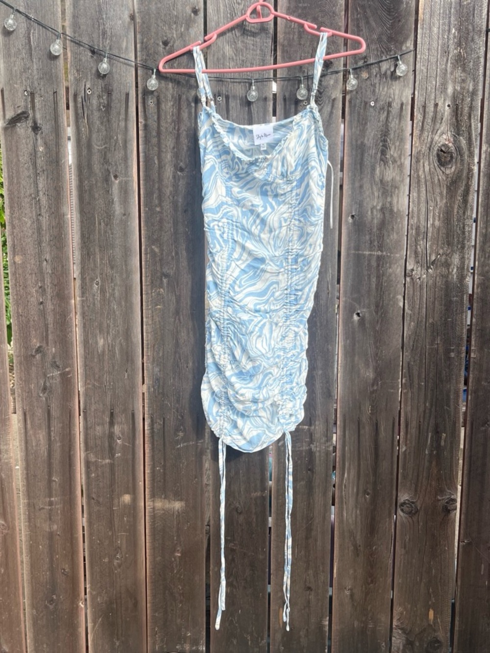 Brandy Melville Light Blue and White Marble Ruched Slip Dress